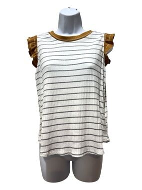 Ces Femme Striped Ruffle Sleeve Top White Mustard Size M